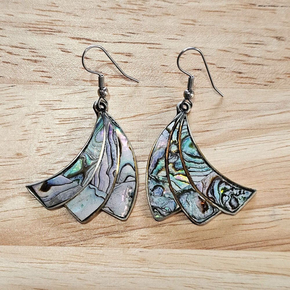 Vintage Alpaca Silver Abalone Inlaid Wave Dangle Earrings